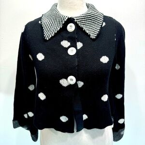 ModCloth Black & White Polka Dot Cropped Cardigan Sweater w Collar  100% Cotton